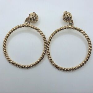 Vtg Crown Trifari Gold Tone Cable Style Circle Dangle Clip On Earrings 2.5”